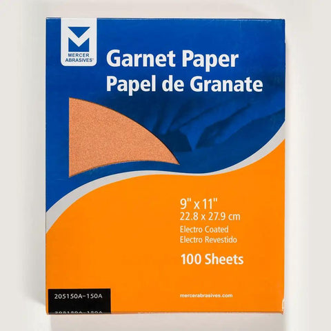 Garnet Sandpaper Sheets 9x11 A Weight Latex Backed Grit 150A 100 Pack box with product size and details