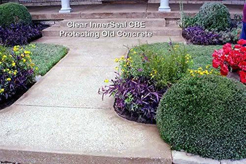 Superior Heavy Duty One Step Concrete Sealer And Curing Compound With Deep Penetrating Internal Moisture Vapor Barrier For Natural Stone And Cultured Rock Hella Tough Zero Hassle Protection applied on a sidewalk with flower beds.