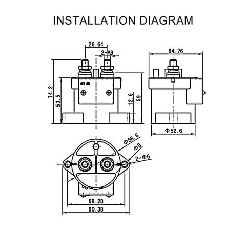 Installation diagram of Heavy Duty DC Contactor SEV250AH Electric Relay Switch with dimensions for EV chargers and telecom networks.