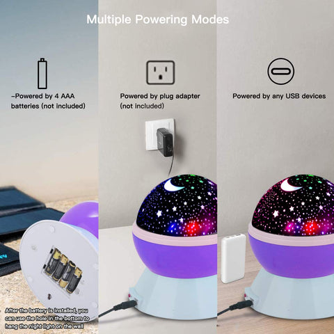 Star Projector Night Light For Kids With 17 Projection Modes And Timer, showing battery and USB power options