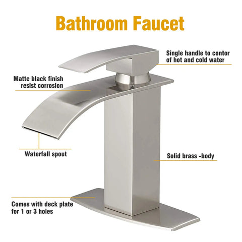 Waterfall Bathroom Faucet With Single Handle Vanity Sink Spout RV Ready Deck Plate For 1 Or 3 Hole Install Brushed Nickel