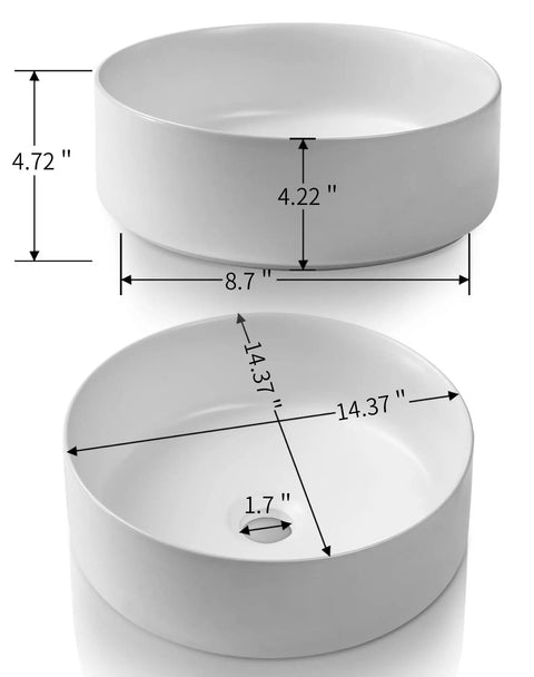 Round Bathroom Vessel Sink 14.4 Inch Above Counter Porcelain Ceramic Matte White Modern Vanity Basin Art Bowl with measurements.