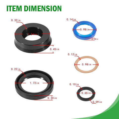 Premium Floor Jack Seal Replacement Kit For 1.5 Ton 328.12002 And 328.12001, item dimensions of seals and O rings shown