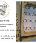 Installation guide for 50 Pack Tough As Nails Couch Spring Clips, showing spring clip on zigzag springs.