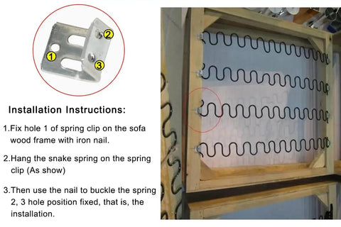 Installation guide for 50 Pack Tough As Nails Couch Spring Clips, showing spring clip on zigzag springs.