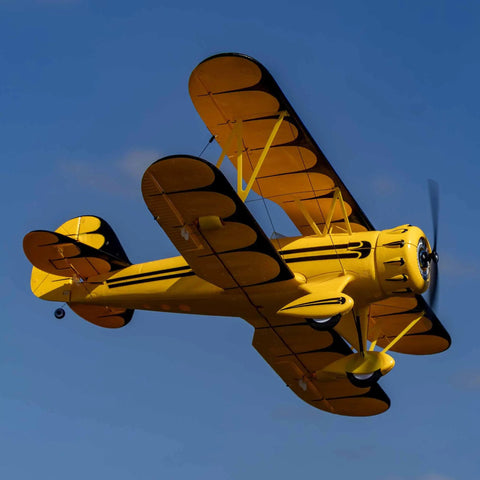 UMX Waco Yellow RC Airplane Bind-N-Fly BNF With AS3X And Safe Technology, Easy To Fly Micro Warbird For Beginners in flight