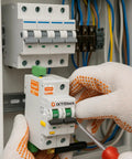 WiFi Circuit Breaker 2 Pin 16A With Tuya Smart Remote Control For Control Cabinets featuring a hand adjusting the switch.