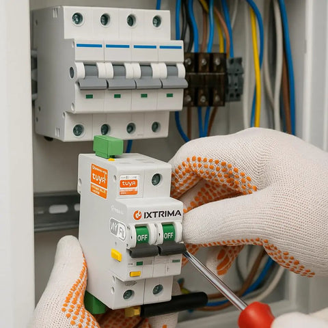 WiFi Circuit Breaker 2 Pin 16A With Tuya Smart Remote Control For Control Cabinets featuring a hand adjusting the switch.