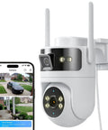 Solid Build 2K Dual Lens Outdoor Security Camera With Pan Tilt Control and Around The Clock Wireless Monitoring, side view with smartphone app.