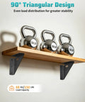 Heavy Duty Metal Triangle Corner Brackets For Wood 90 Degree Steel Supports in use with shelf holding 50 lb kettlebells