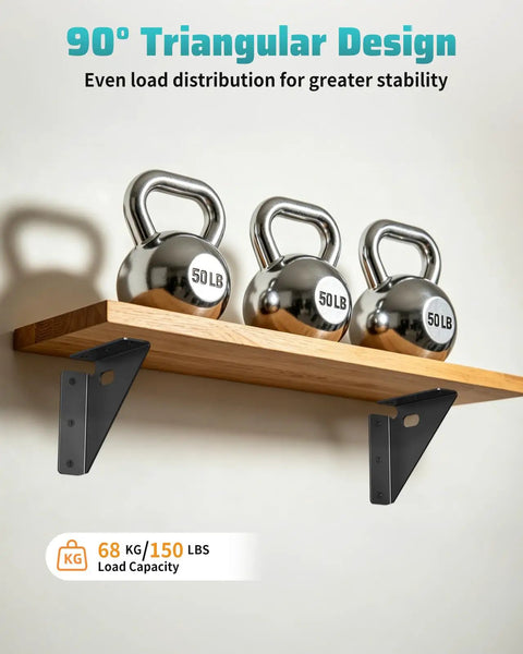 Heavy Duty Metal Triangle Corner Brackets For Wood 90 Degree Steel Supports in use with shelf holding 50 lb kettlebells