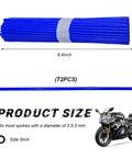 Dark Blue 72-piece spoke covers for dirt bikes, 9.4-inch length, 5mm diameter, fits 8-21 inch rims, with motorcycle illustration.