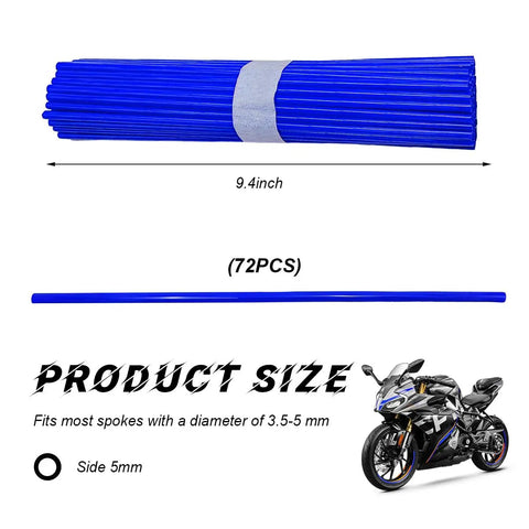 Dark Blue 72-piece spoke covers for dirt bikes, 9.4-inch length, 5mm diameter, fits 8-21 inch rims, with motorcycle illustration.
