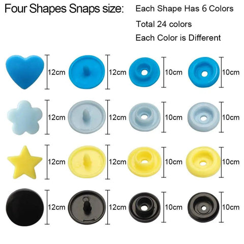 Various colorful snap shapes and sizes included in 473 Pcs Snap Kit With Pliers for DIY Sewing and Crafting projects.