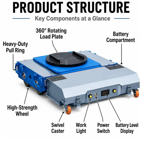 No Sweat Heavy Duty Electric Machinery Dolly With Wireless Remote Control showing components like rotating load plate and battery compartment.