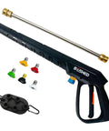 Heavy Duty Pressure Washer Gun Kit With 37 Inch Extension Wand, M22 Fitting, Five Nozzle Tips, 3000 PSI Power Washer Hand Gun For Tough Outdoor Cleaning, showing gun, wand, and nozzles.