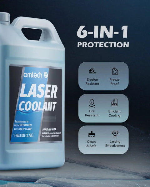 Heavy Duty Industrial Water Chiller With Co2 Laser Coolant Fluid Rock Solid Six Liter Tank Built Damn Tough For Laser Engraving Machines And Cutters 1 gallon laser coolant bottle with protective features.