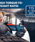 Worker using 12 Volt Max Three Eighth Inch Right Angle Drill Driver Bare Tool With Five Position Rotating Head For Tight Spots High Torque To Weight Ratio 115 Inch Lbs Of Torque And Dual LED Lights under vehicle.