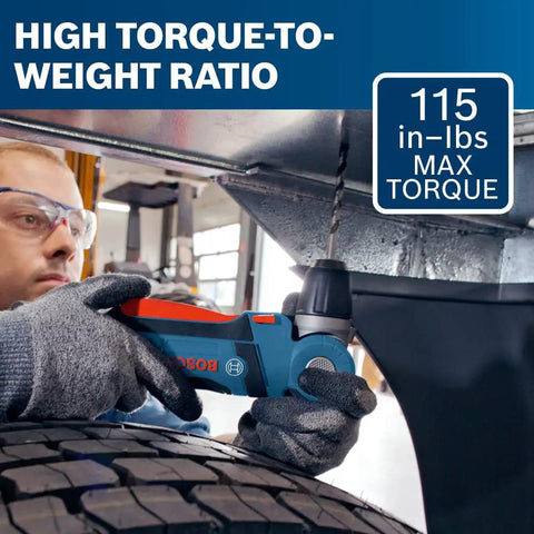 Worker using 12 Volt Max Three Eighth Inch Right Angle Drill Driver Bare Tool With Five Position Rotating Head For Tight Spots High Torque To Weight Ratio 115 Inch Lbs Of Torque And Dual LED Lights under vehicle.