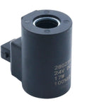 24V Solenoid Valve Coil 280239 10333044 Replacement for Bucher and Liebherr Machines, Workhorse 17W Black, Heavy Duty Hydraulic Coil for Industrial Equipment and Replacement Parts. Black 24V 17W solenoid valve coil with connector