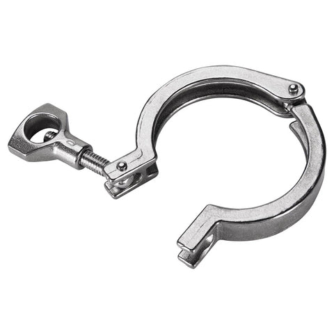 Front view of a 2-inch stainless steel sanitary tri-clamp fitting with bolt and latch