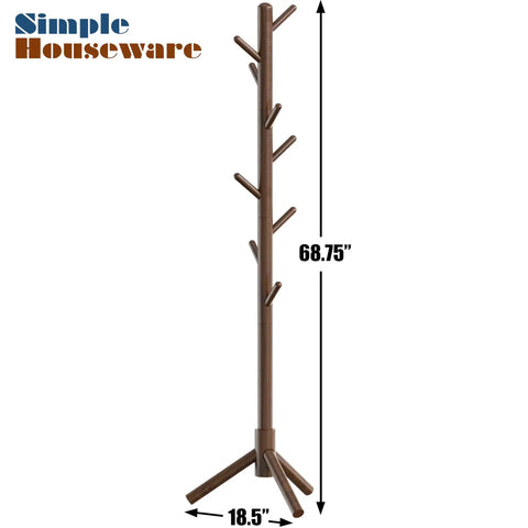 Wooden Coat Rack Tree Stand With 9 Hooks Walnut Finish Adjustable Height Modes Space Saving Garment Organizer for entryway.