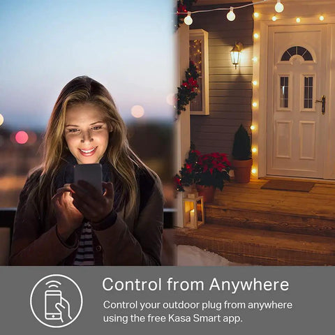 Woman using smartphone to control Heavy Duty Outdoor Wi-Fi Smart Plug With Dual Sockets, Rock Solid Weather Resistant Power Strip.