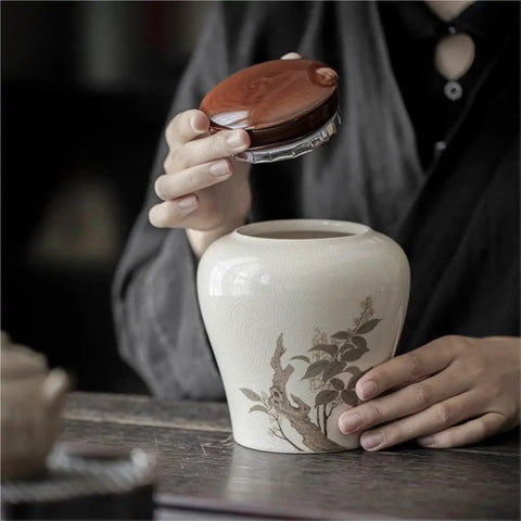 Straight Upgrade For Your Daily Stash With This Heavy Duty Airtight Ceramic Tea Canister Smooth Stoneware Jar in use.