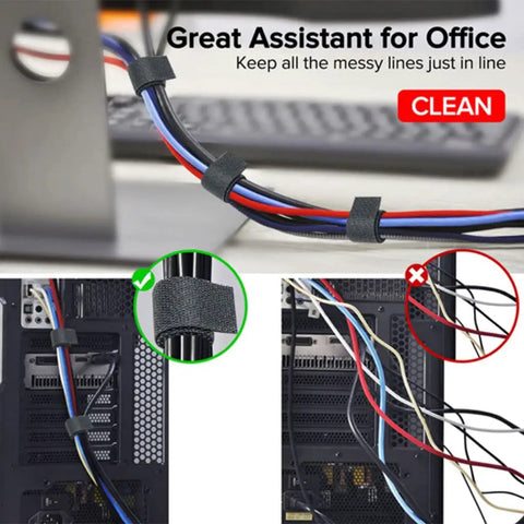 Self Adhesive Cable Management Hoop With Sticky Wire Organizer Keeps Your Desk Slick And Tidy Game Changer Tear Off Nylon Cord Wrap Kit For Home Office In Black organizing cables on a desk and behind a computer.