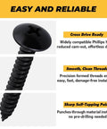 Close-up of black truss head self-tapping screw with Phillips bit, part of 100 Pack Size Six Black Truss Head Self Tapping Screws For Wood Sheet Metal And Plastic Stainless Steel 304 Rust Resistant With Black E Coating Phillips Bit Included One Inch Length Ideal For Indoor And Outdoor Projects, showing clean threads and sharp point.
