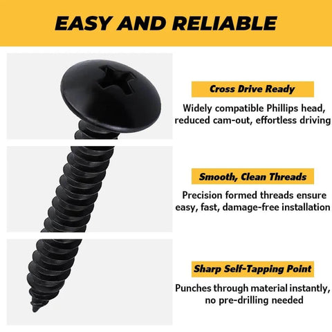 Close-up of black truss head self-tapping screw with Phillips bit, part of 100 Pack Size Six Black Truss Head Self Tapping Screws For Wood Sheet Metal And Plastic Stainless Steel 304 Rust Resistant With Black E Coating Phillips Bit Included One Inch Length Ideal For Indoor And Outdoor Projects, showing clean threads and sharp point.