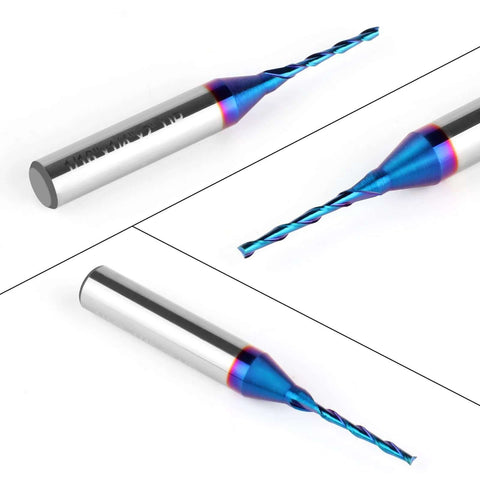 Upcut spiral router bit, 1/4 in shank, 1/16 in cutting diameter, solid carbide with blue nano coating