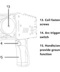 Portable Spark Gap Arc Generator Handheld Tesla Coil Gun Touchable Artificial Lightning Adjustable Precision Dual Mode Dope Science Experiment Tool For Teens And Curious Makers Rechargeable Power With Global 110 240V Compatibility diagram showing coil screws, trigger switch, and handle