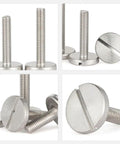 Heavy Duty 5 Pack M4 X 14mm Slotted Cheese Head Screws Forged From Top Tier 304 Stainless Steel, close-up of slotted screws.
