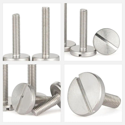 Heavy Duty 5 Pack M4 X 14mm Slotted Cheese Head Screws Forged From Top Tier 304 Stainless Steel, close-up of slotted screws.