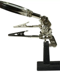Adjustable Helping Hand With Magnifying Glass 2x, Dual Alligator Clamps on heavy duty cast iron base, side view