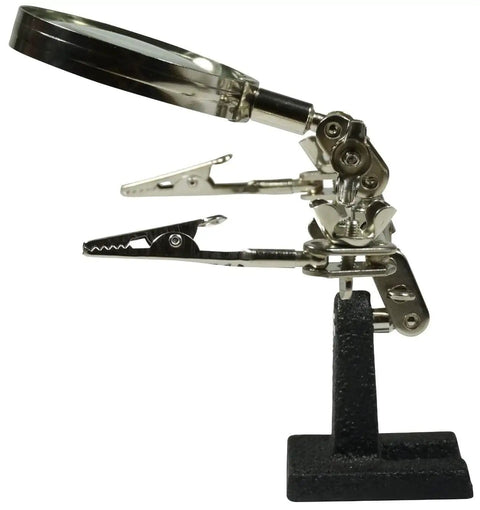 Adjustable Helping Hand With Magnifying Glass 2x, Dual Alligator Clamps on heavy duty cast iron base, side view