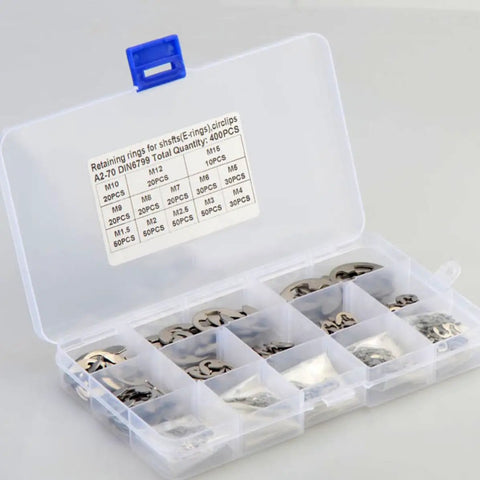 Heavy Duty Stainless Steel Snap Ring Kit E Shaped 400 Piece Set M1.5 To M15 in plastic case with compartments