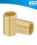 Straight Up Durable Heavy Duty Brass Lamp Pipe Nipples 5 Pack Slick Finish 1/8IP Thread Solid Couplers close-up view showing two brass nipples.