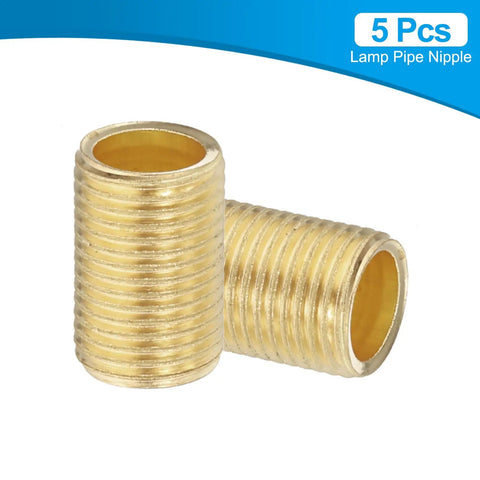 Straight Up Durable Heavy Duty Brass Lamp Pipe Nipples 5 Pack Slick Finish 1/8IP Thread Solid Couplers close-up view showing two brass nipples.