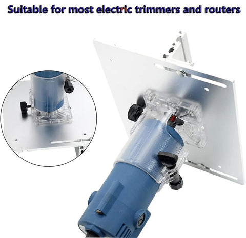 Badass Aluminum Router Table Insert Plate Sized At 9.45 By 7.87 Inches With Dual Mounting Holes, showcasing electric trimmer setup.