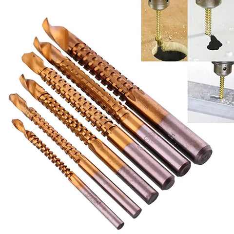 High Speed Steel Hex Shank Saw Tooth Drill Bits Wood Aluminum Plastic Cutting Kit, six pieces from 3mm to 8mm size for drilling.