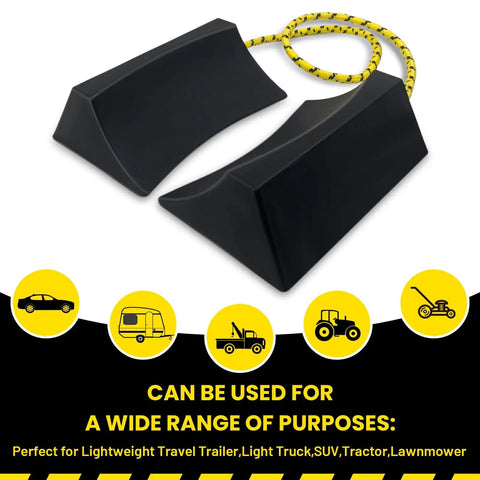 Dual Wheel Chocks Set With High Traction Ribs And Nylon Rope Non Slip Wheel Blocks With Yellow Reflective Tape