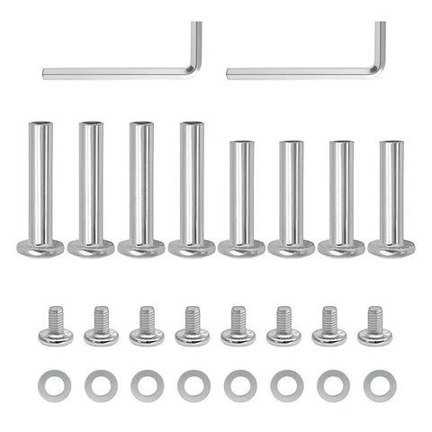 8 Piece Inline Skate Wheel Axle Replacement Kit With 6mm Hex Socket Screws In 30mm And 35mm Lengths Includes Installation Tool A Pro Grade Skate Hardware Repair Set For Quick Maintenance And A Smooth Ride clearly arranged showing axles, screws, washers, and hex tools in polished silver finish.