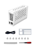 External GPU Dock For Laptops Featuring Heavy Duty Metal Frame And Real PCIe 4.0 Support in white with accessories, including screws and cable.