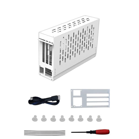 External GPU Dock For Laptops Featuring Heavy Duty Metal Frame And Real PCIe 4.0 Support in white with accessories, including screws and cable.