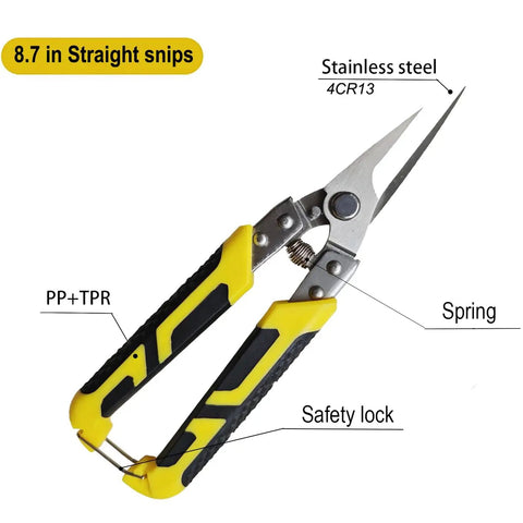 8.7 in Beefy Heavy Duty Tin Snips focusing on stainless steel blades and comfort grip with safety lock and spring.