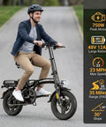 Epic Foldable Electric Bike For Adults With 750W Peak Power And 23 MPH Max, 14 Inch Compact Ebike, 48V 12Ah Battery, 35 Mile PAS Range, Ideal For Commutes And Weekend Joyrides. Rider on black folding ebike