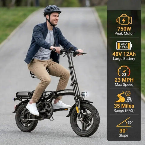 Epic Foldable Electric Bike For Adults With 750W Peak Power And 23 MPH Max, 14 Inch Compact Ebike, 48V 12Ah Battery, 35 Mile PAS Range, Ideal For Commutes And Weekend Joyrides. Rider on black folding ebike