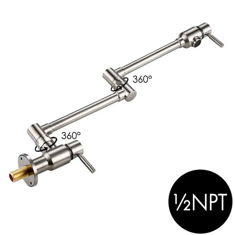 Stainless Steel Pot Filler Faucet Wall Mount With Dual Joint Swing Arm, Cold Water Only, Double Lever Handle, 23.4 Inch Kitchen Stove Faucet